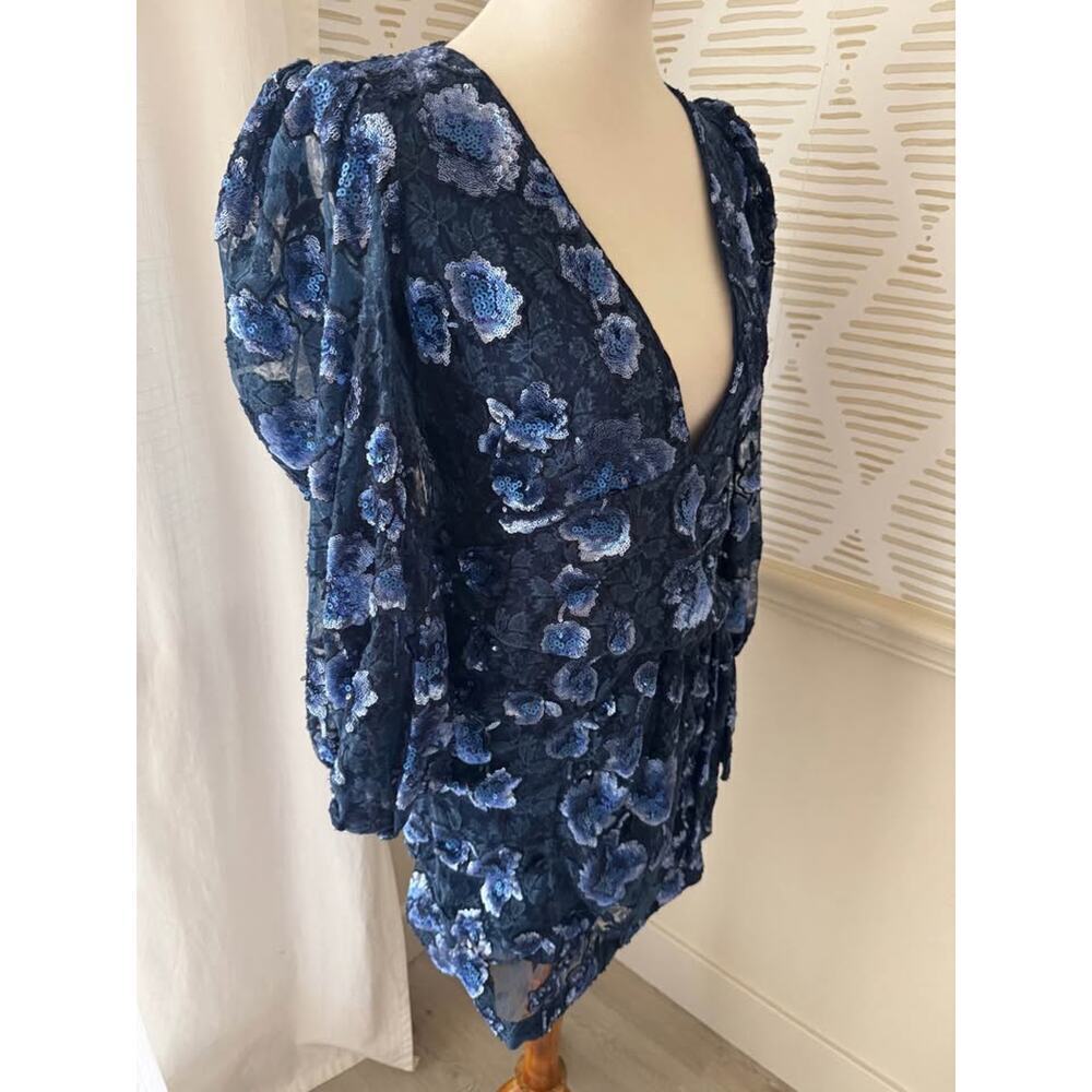 For Love & Lemons Medium Victoria Blue Floral Sequin Embroidered Mini Dress - Picture 8 of 10